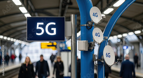 Modern train station showcasing 5G technology with a digital sign 4G and 6G antennas and blurred commuters passing by on the platform