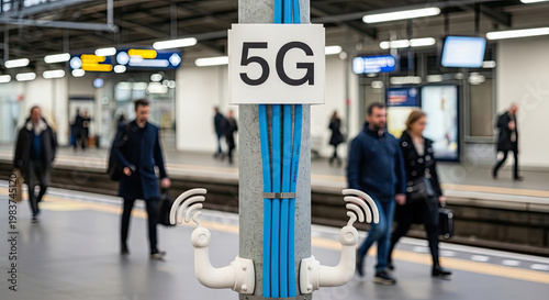 Pedestrians walking past a 5G sign at a train station platform with signal antennas commuters modern technology travel infrastructure