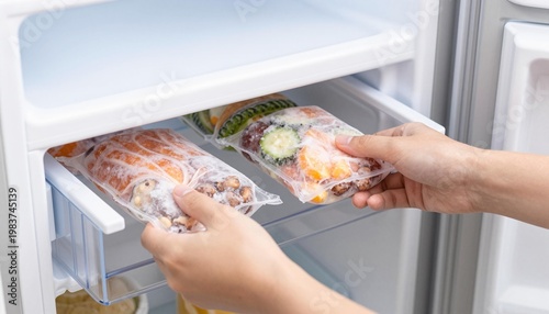 Hands placing resealable plastic bags with frozen mixed fruit and vegetable portions into a refrigerator freezer drawer
