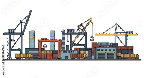 Industrial Port with Cranes and Cargo Containers.