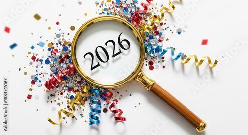 Golden magnifying glass focusing on the year 2026 among colorful confetti and party streamers against a white background for New Year celebration