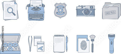 Blue-toned icon set representing police work, crime scene investigation tools, detective equipment, and forensic evidence collection.
