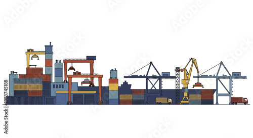 Industrial Port with Cranes and Cargo Containers.