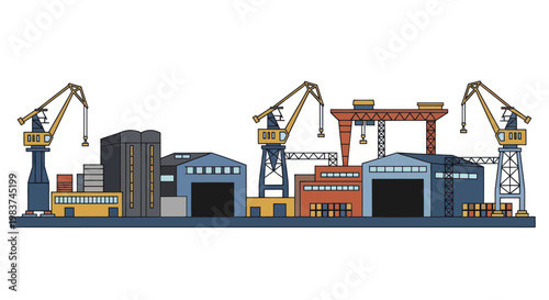 Industrial Port with Cranes and Warehouses for Shipping and Logistics.
