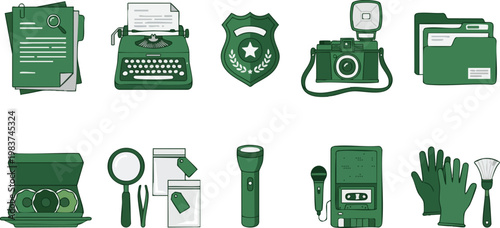 A comprehensive set of green flat icons representing professional detective equipment, forensic tools, and criminal investigation elements.