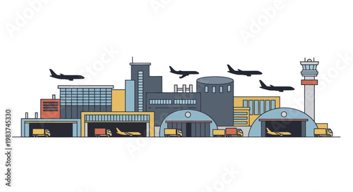 Modern Airport Scene with Airplanes and Buildings.