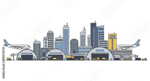 Modern Airport Cityscape with Airplanes and Hangars.