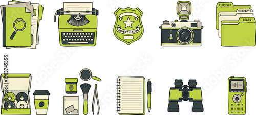 Detective and private investigator equipment icons featuring a typewriter, badge, camera, binoculars, and forensic tools for crime solving.