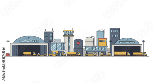 Modern Airport Terminal Buildings and Hangars with Aircraft Cargo.
