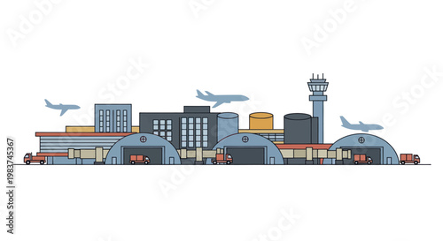 Modern Airport Scene with Airplanes and Buildings.