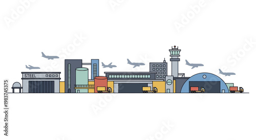 Modern Airport Scene with Airplanes and Buildings.