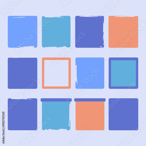 Griglia di quadrati colorati con diverse texture e bordi, arte astratta e design grafico.