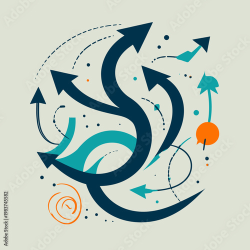 Frecce stilizzate di vari colori che indicano direzioni diverse e crescita in un design astratto