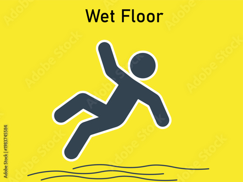 Slip hazard for wet floor and slippery floor at Work. Wet floor slip hazard black with slippery icon water drop of Risk caution. Human figure falling down icon in a wet slippery floor fall down sign
