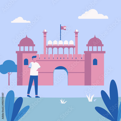 Un uomo in piedi di fronte a un maestoso forte rosa con torri e un arco, sullo sfondo di un cielo blu con nuvole.