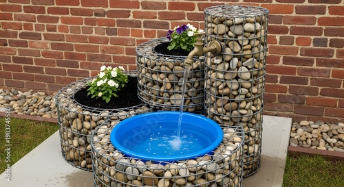 Image 3
Title:
Modern Garden Stone Cascade Fountain with Pebble Shell and Blue Ceramic Basin — Decorative Patio Water Feature with Natural Rock Finish