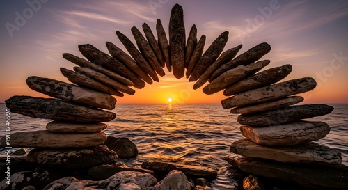 Image 1 (file: 220_F_1983745596_OTC0DzkBx0hhyHxplgCk43WLnY7f3Ygt.jpg)
Title:
Sunset Stone Arch Over Ocean Shore — Balanced Rock Sculpture Framing Golden Horizon at Beach