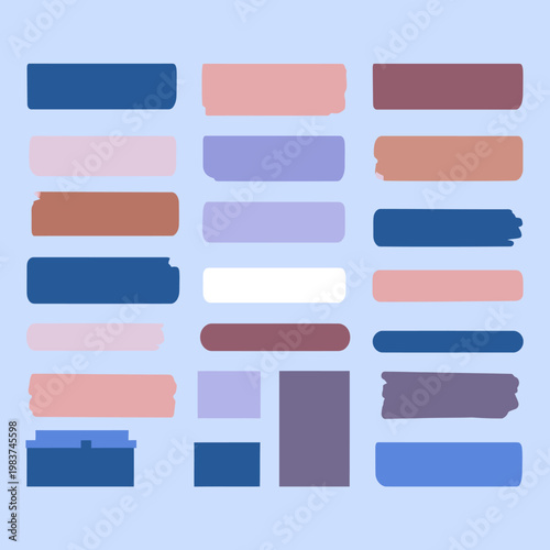 Una collezione di forme rettangolari e quadrate in diverse tonalità pastello e blu, disposte su uno sfondo azzurro.