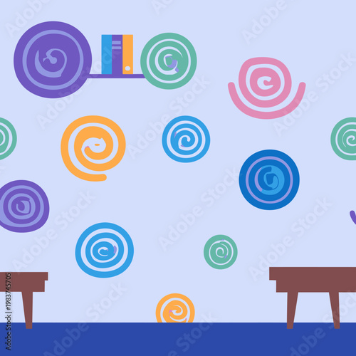 Stanza colorata per bambini con pareti decorate da vivaci spirali astratte, due tavoli e una mensola con libri, ideale per gioco e apprendimento.