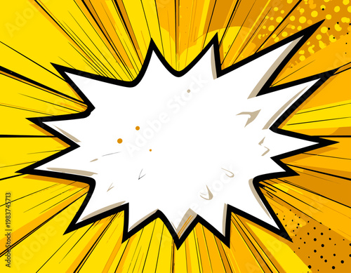 Sfondo fumetto giallo brillante con una bolla di esplosione bianca vuota, ideale per messaggi pop-art o effetti sonori.