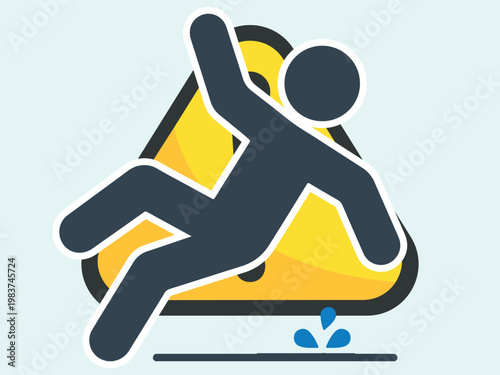 Slip hazard for wet floor and slippery floor at Work, wet floor slip hazard work with Yellow Caution Sign water drop of Risk. Human figure falling down icon in a wet slippery floor fall down sign card