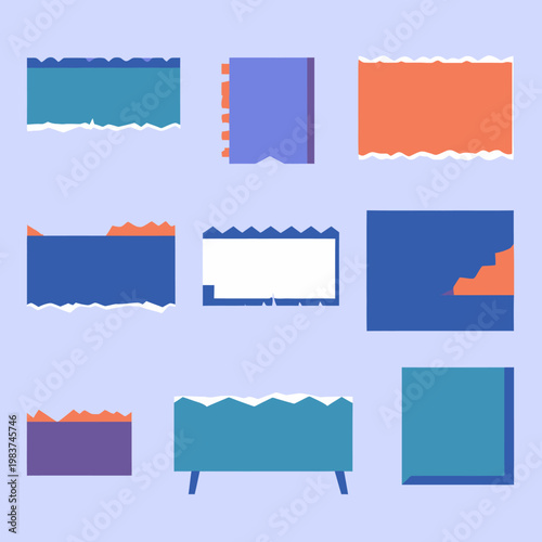 Nove elementi grafici astratti in stile flat design con bordi strappati e forme geometriche colorate su sfondo viola chiaro.