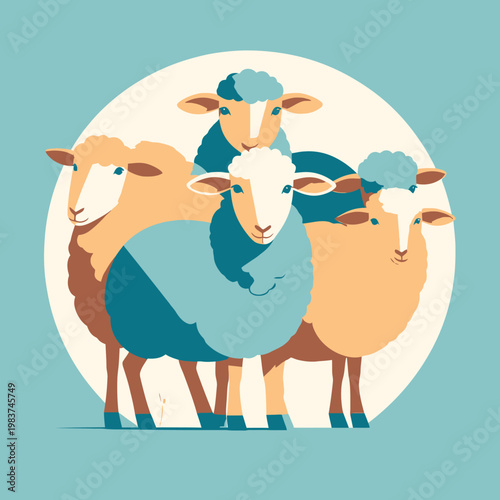 Un gruppo di pecore stilizzate in piedi su uno sfondo blu chiaro con un cerchio bianco