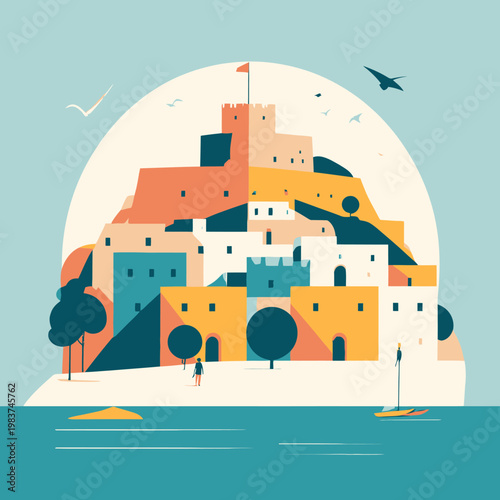 Villaggio mediterraneo pittoresco su una collina con castello, mare e cielo azzurro.