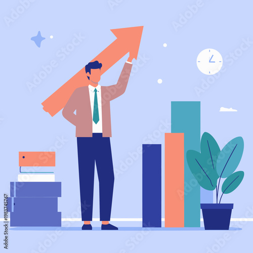 Uomo d'affari che tiene una freccia verso l'alto sopra un grafico a barre, simboleggiando crescita e successo.