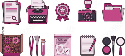 Set of pink detective icons including a typewriter, evidence bag, donuts, camera, and forensic tools for crime scene investigation and mystery.