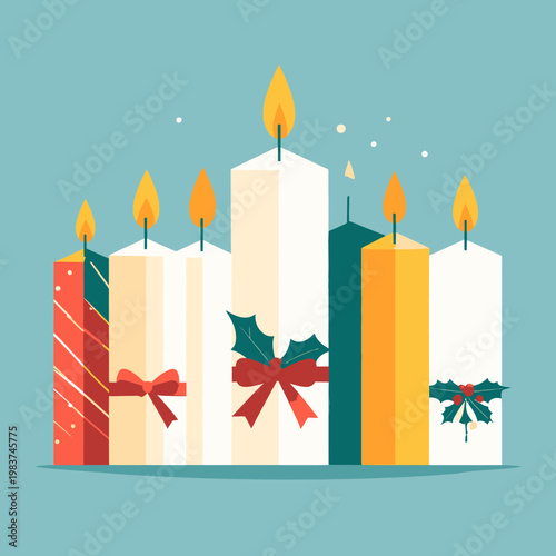 Candele di Natale stilizzate con decorazioni di agrifoglio e fiocchi, su sfondo blu.