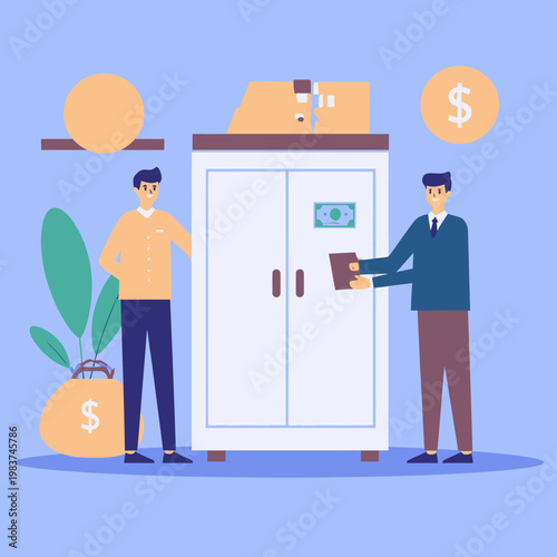 Due uomini d'affari gestiscono un deposito di denaro in una cassaforte, concetti di finanza e investimento