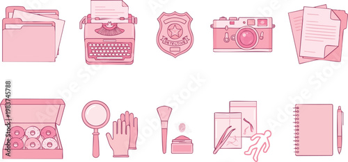 Collection of monochrome pink detective and forensic investigation equipment icons arranged on a white background for criminal justice concepts.