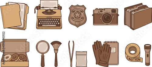 Set of vintage detective and forensic investigation equipment icons including a typewriter, badge, camera, and crime scene tools on white background.