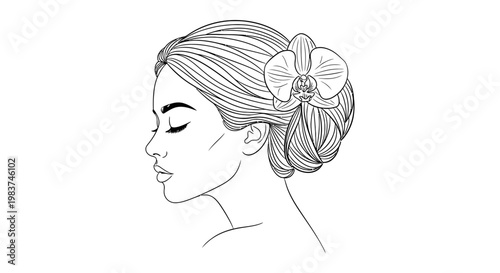 woman profile line art with a delicate orchid flower in her hair a beauty illustration evoking wellness and self-care.
