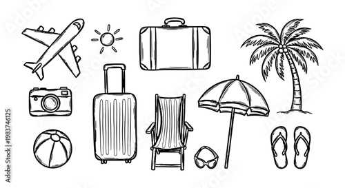 black and white hand-drawn icons for travel and vacation essentials