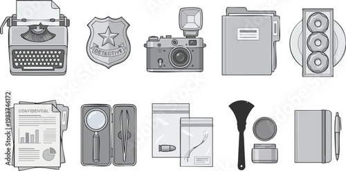 A collection of grayscale flat icons depicting detective equipment, forensic tools, and police investigation elements for crime scene analysis.