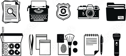 Set of ten black and white detective investigation icons featuring a typewriter, police badge, donuts, and forensic tools on a white background.