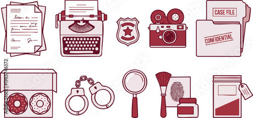 Set of vintage detective and forensic investigation line art icons featuring handcuffs, magnifying glass, and confidential case files.