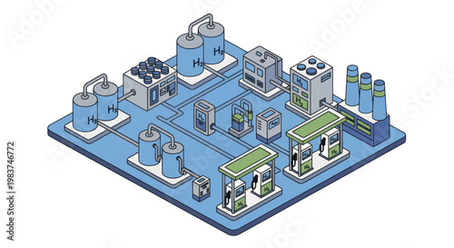 Isometric Industrial Complex with Factories and Storage Tanks.