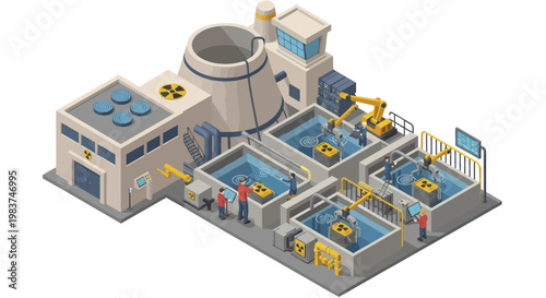 Isometric Industrial Factory with Robotic Arms and Production Lines.