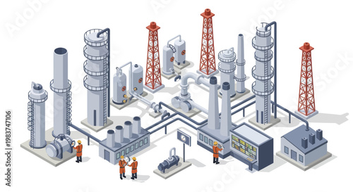 Isometric Industrial Plant with Workers and Infrastructure.
