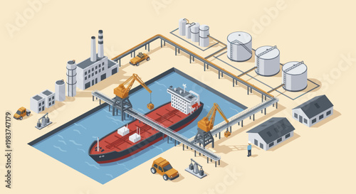 Isometric Industrial Port with Cargo Ship and Storage Tanks.