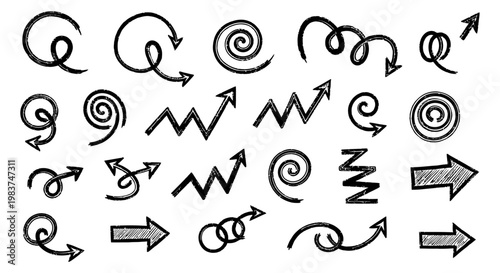 hand-drawn arrows doodle elements grunge vector illustration of spiral shapes and direction indicators for graphic resources.
