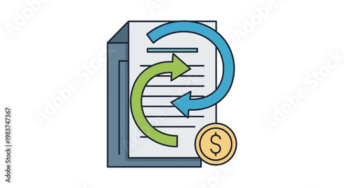 financial transaction concept depicting money exchange and a refund policy with documents arrows and a dollar coin for business deals.