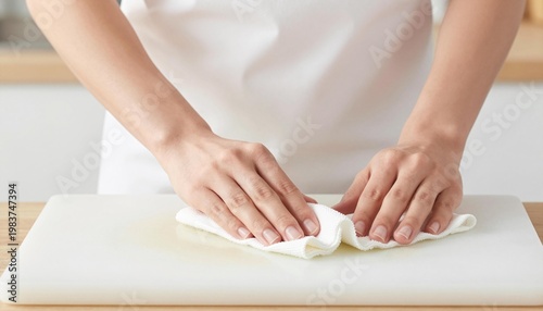 Hands wiping a white cutting board with a cloth in a clean kitchen setting