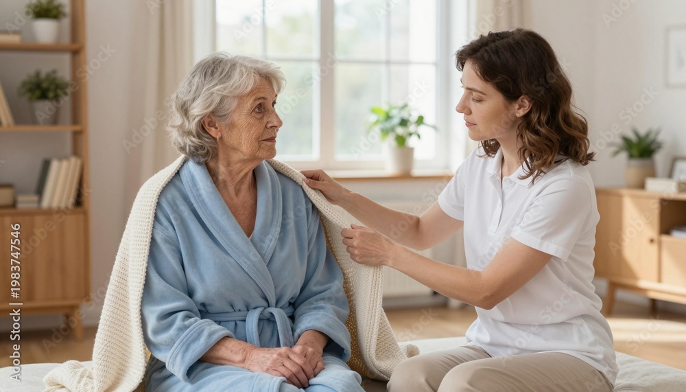 Obraz premium Caregiver gently draping a blanket over an elderly woman in a cozy bright home setting, conveying compassionate in-home elder care and supportive companionship
