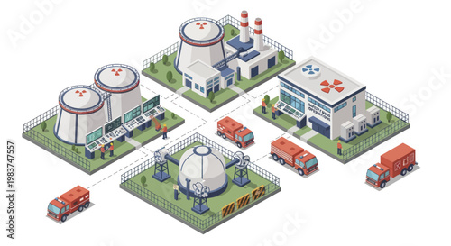 Isometric Nuclear Power Plant and Industrial Facilities Illustration.