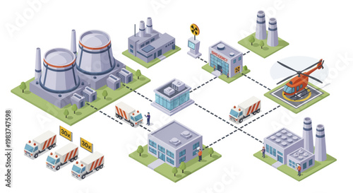 Isometric Nuclear Power Plant and Industrial Infrastructure Network.
