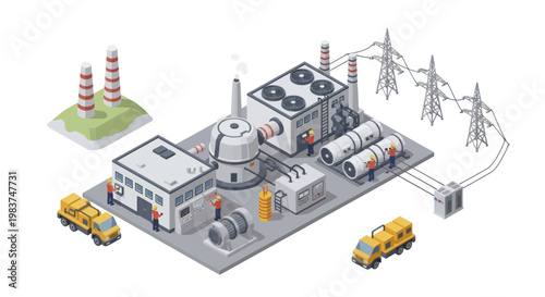 Isometric Nuclear Power Plant Generating Electricity for Energy Supply.